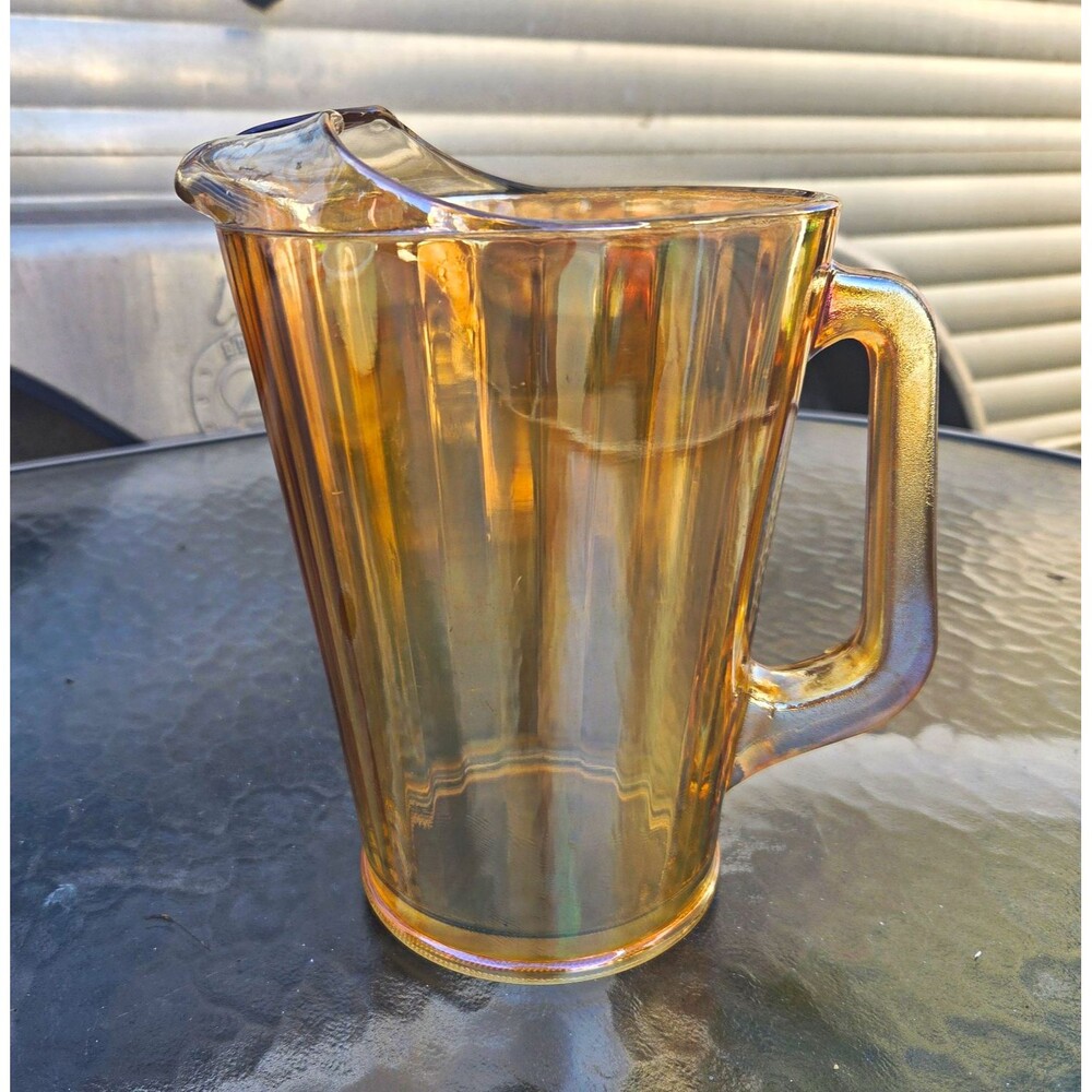 Amber Iridescent Ribbed Glass Pitcher Decorative 32oz 9" Tall 6" Dia
